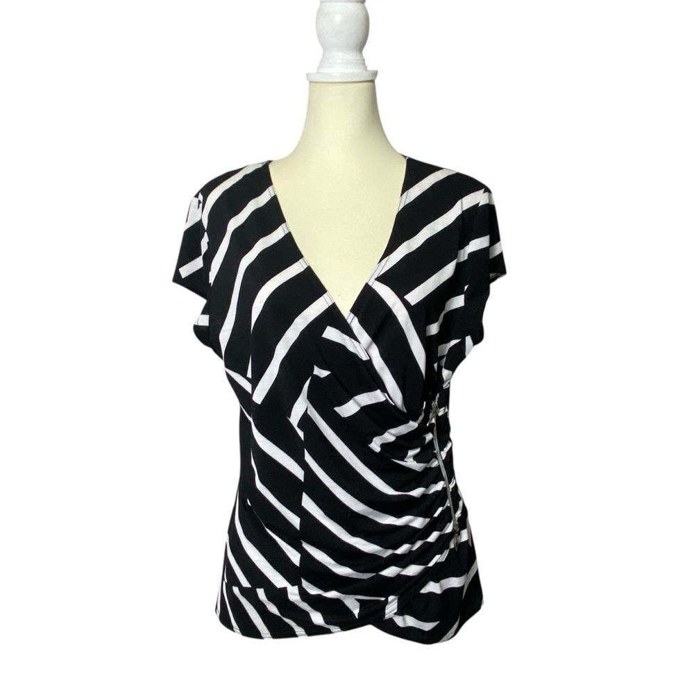 Vintage Joseph Ribkoff Black White Striped Faux Wrap VNeck Blouse Womens Size 18